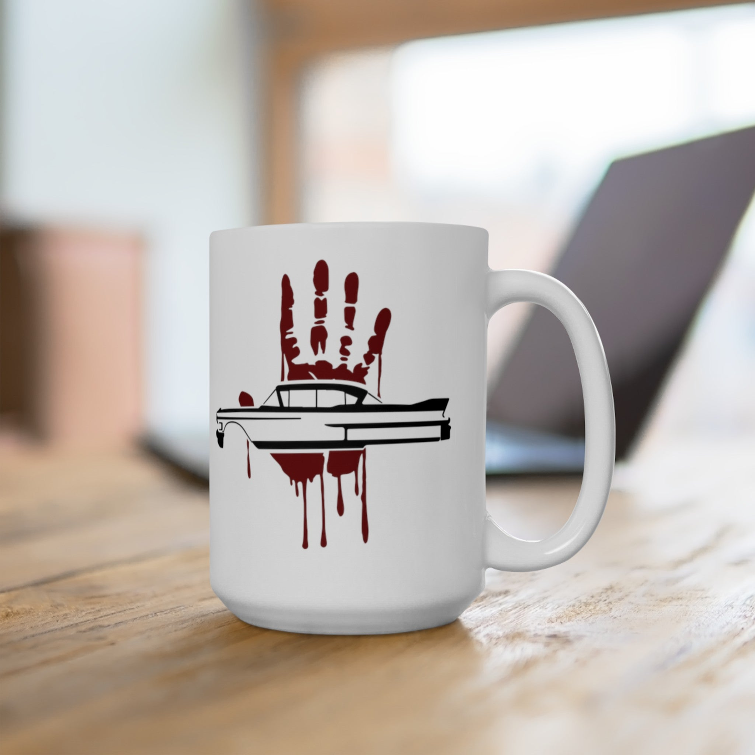 Thinner-themed image for merch sales. Red bloody hand behind the silhouette of the Cadillac.